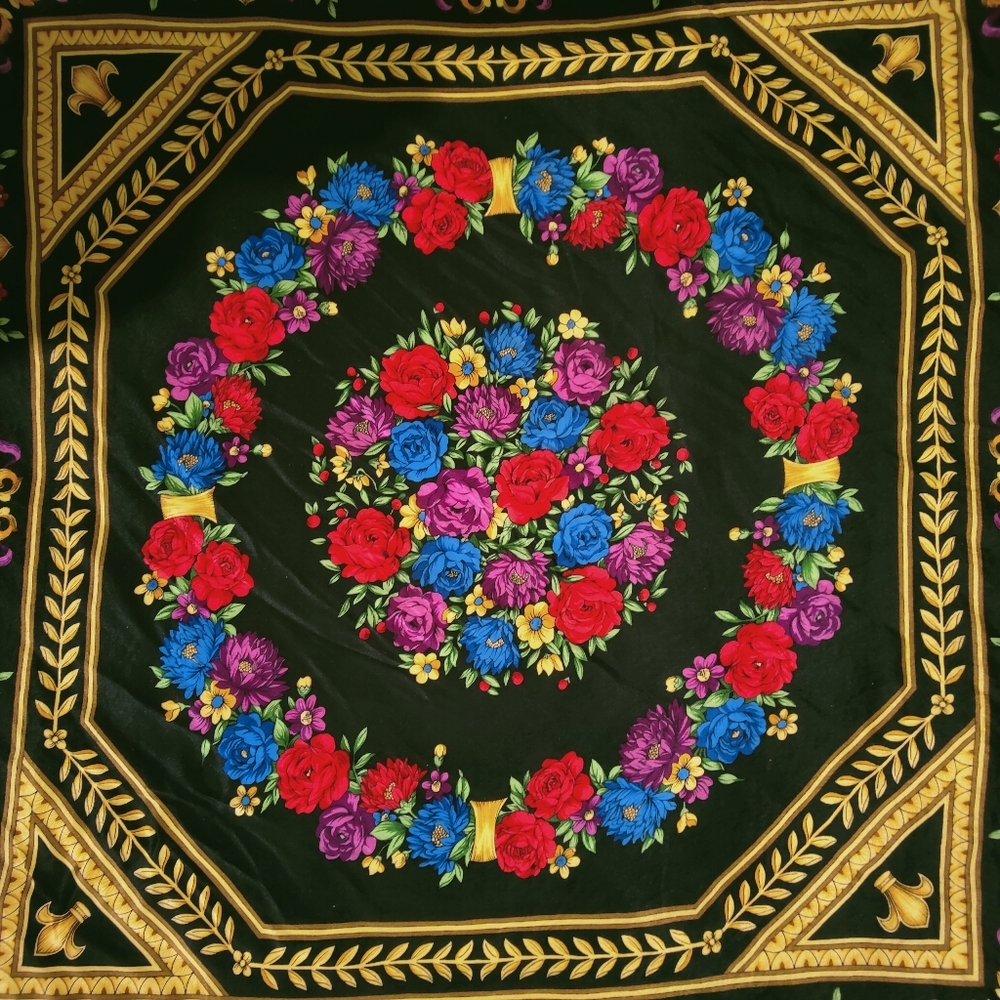 Rose Floral Baroque Square Silk Scarf with Gold Motif Border, 30"x31" - Picture 2 of 11